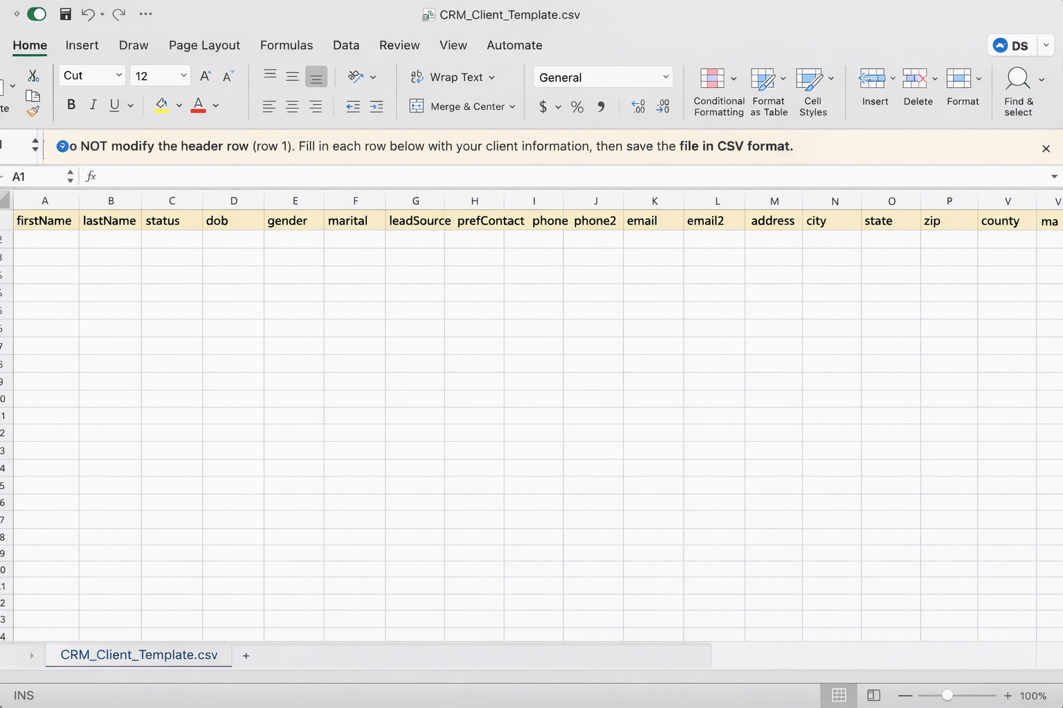 KundPro CRM client CSV template open in a spreadsheet showing all column headers