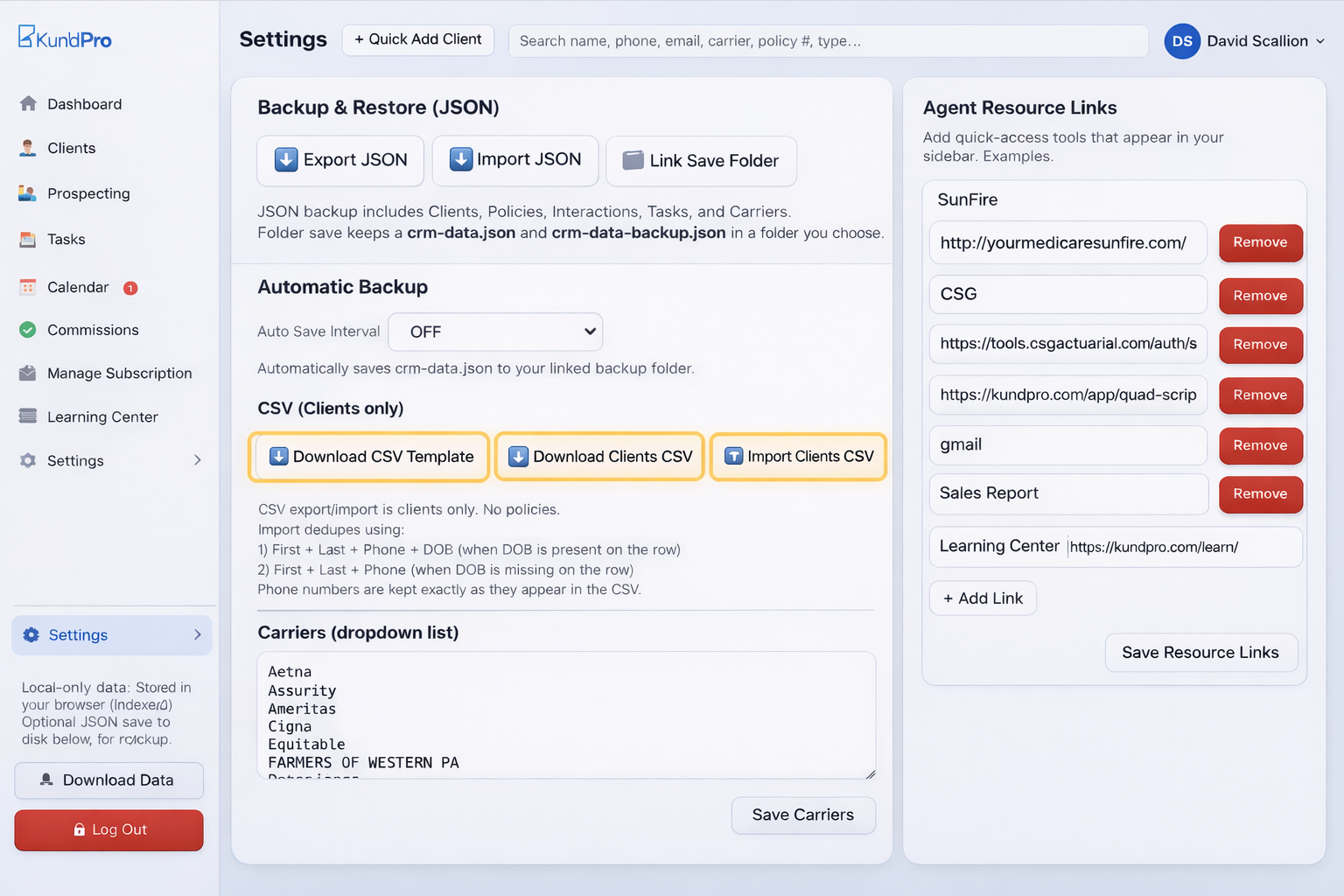KundPro Settings page showing the Backup and Restore section with Import Clients CSV highlighted