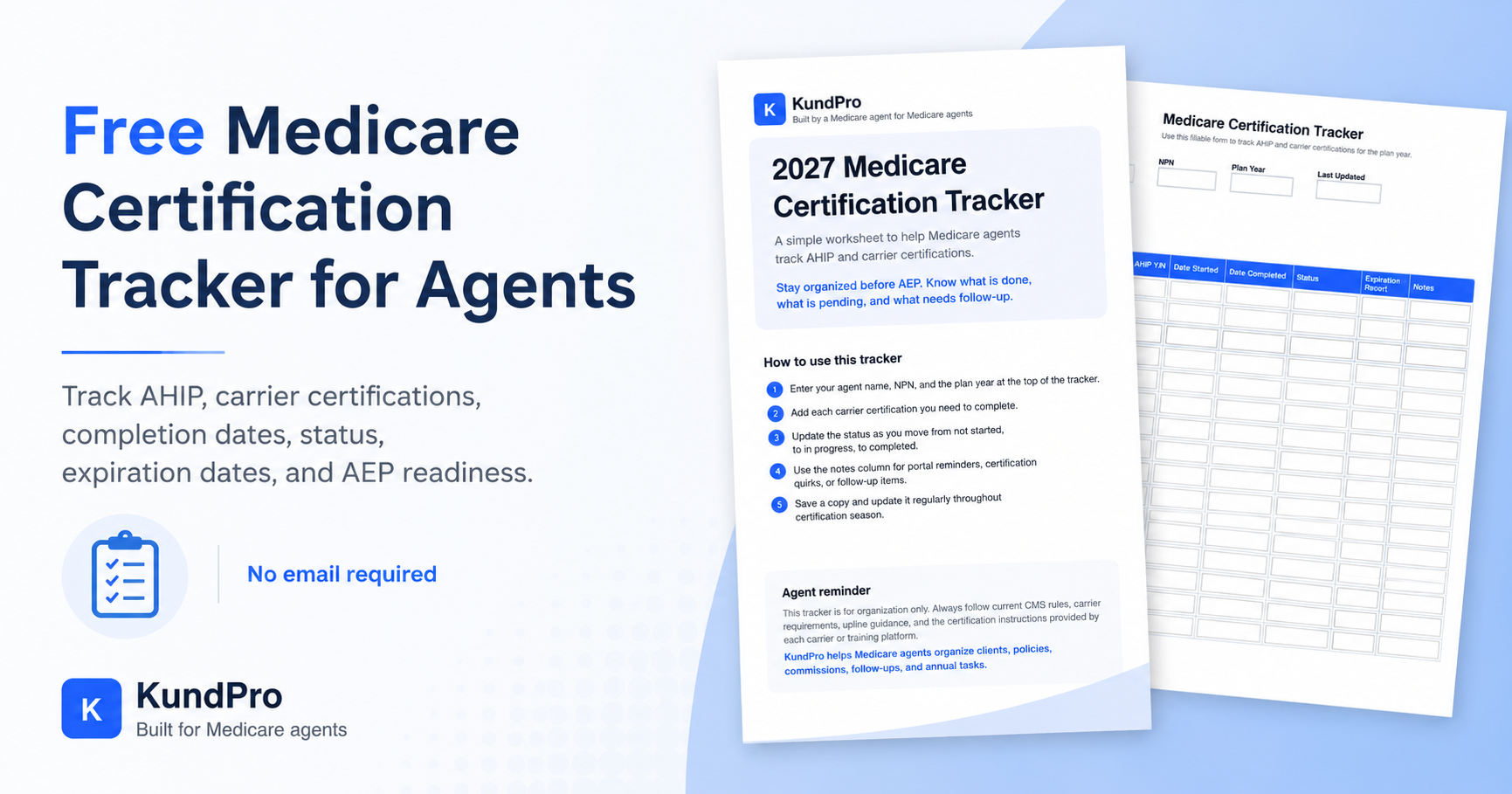 Free Medicare certification tracker worksheet for agents to record AHIP, NABIP, carrier certification completion dates, status, and expiration dates