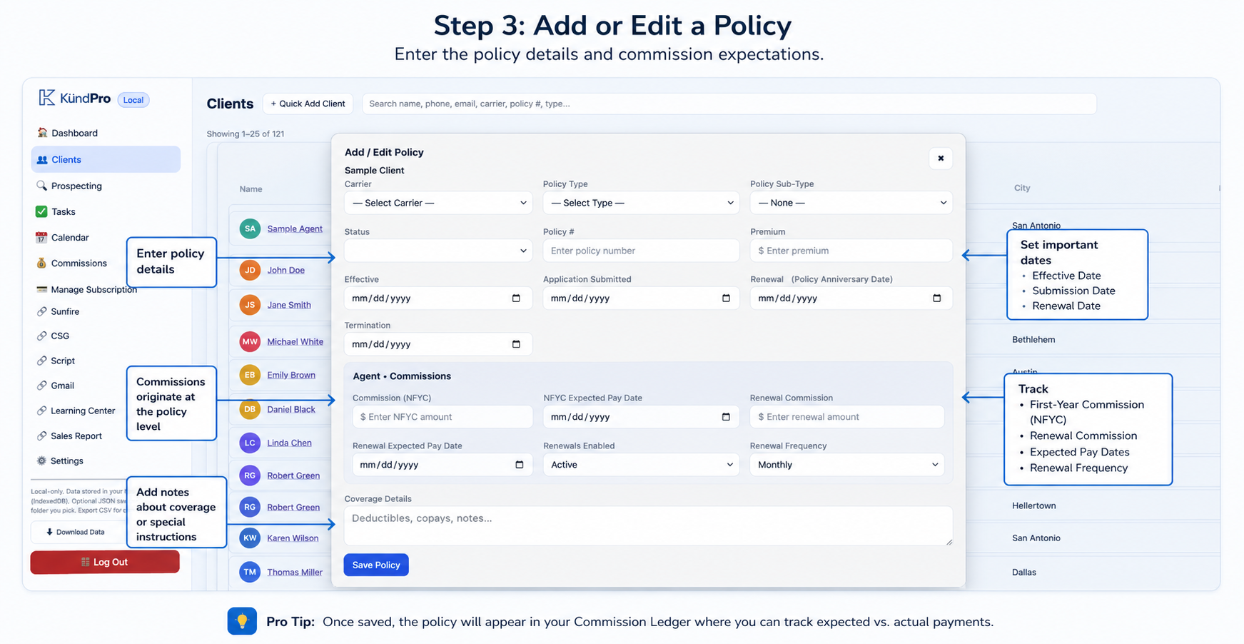 Medicare commission tracking policy setup in KundPro showing NFYC and renewal commission fields