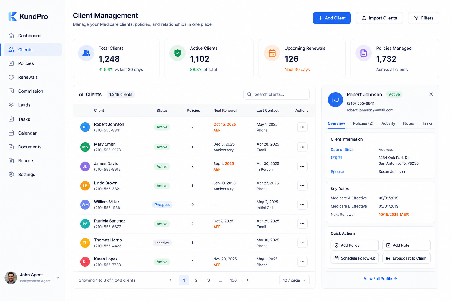 Medicare client management view in KundPro CRM — full client profile with policy history, notes, and follow-up activity