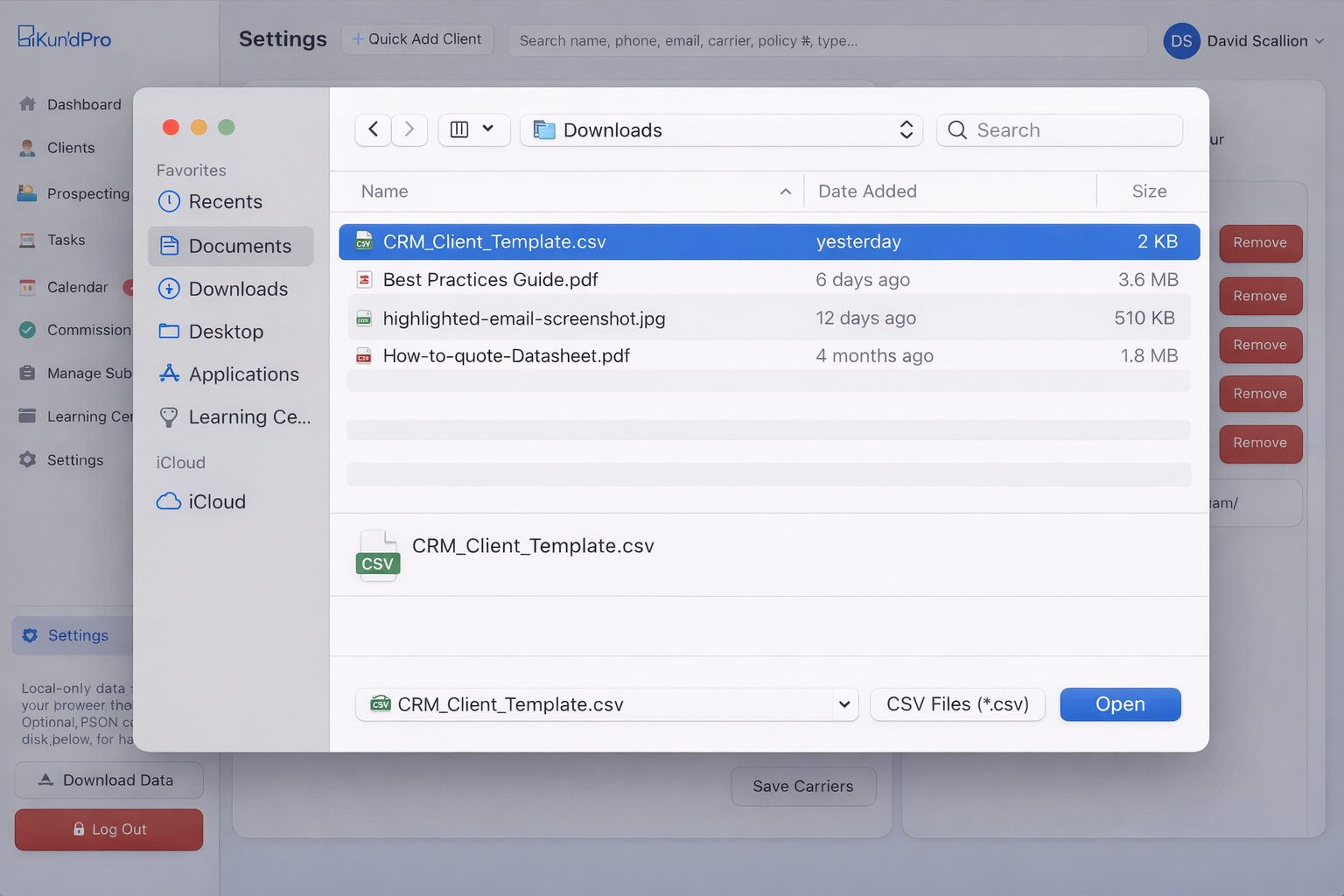 File upload window in KundPro showing a CSV file being selected for client import